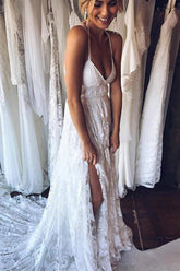 Charming Ivory Lace Floor Length V Neck Long Wedding Dresses on Line